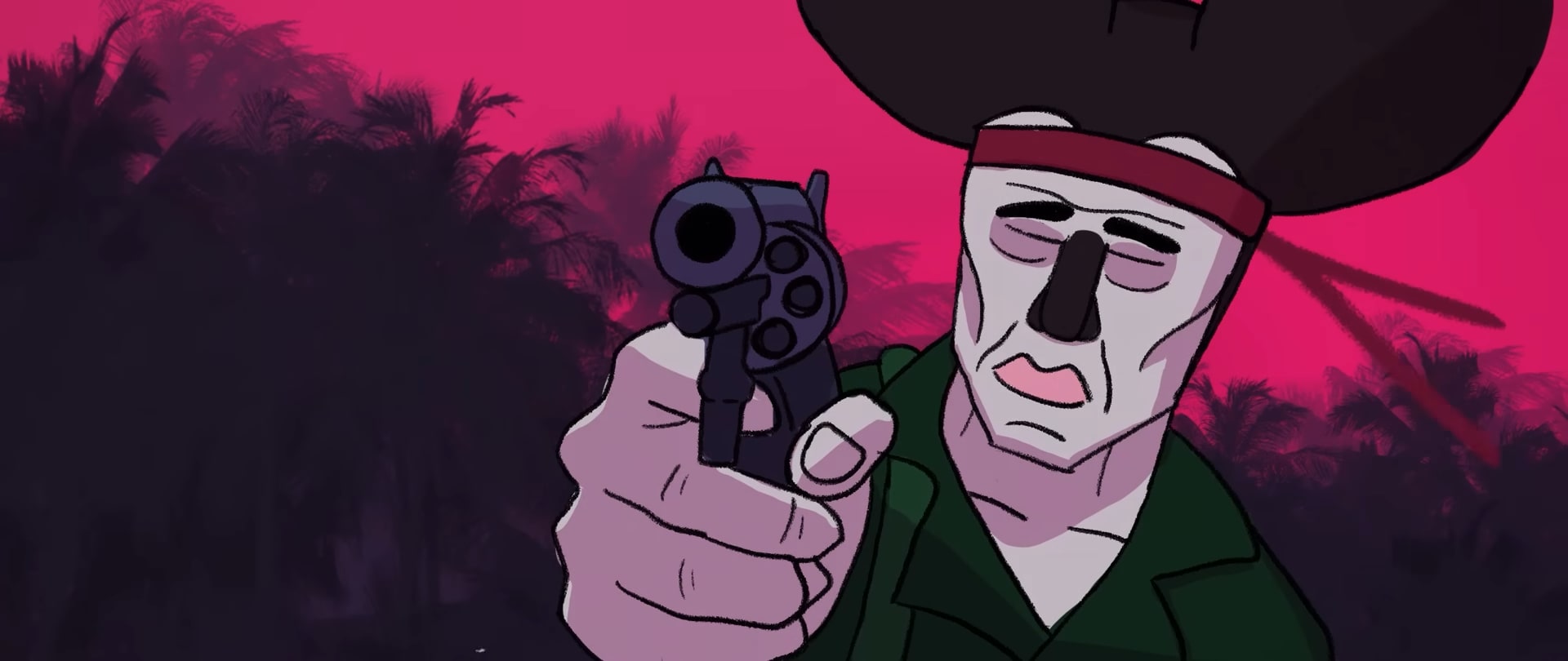 An animated figure in a green military shirt and black beret points a handgun toward the viewer against a pink sky and dark palm trees.