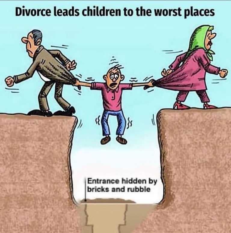 A cartoon of parents pulling a child apart includes a caption about an entrance hidden by bricks and rubble.