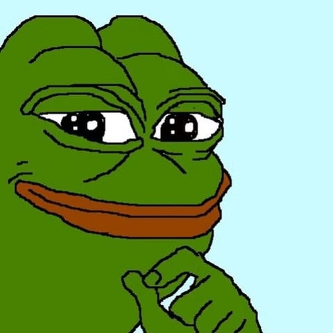 A green cartoon frog with folded hands against a light blue background.
