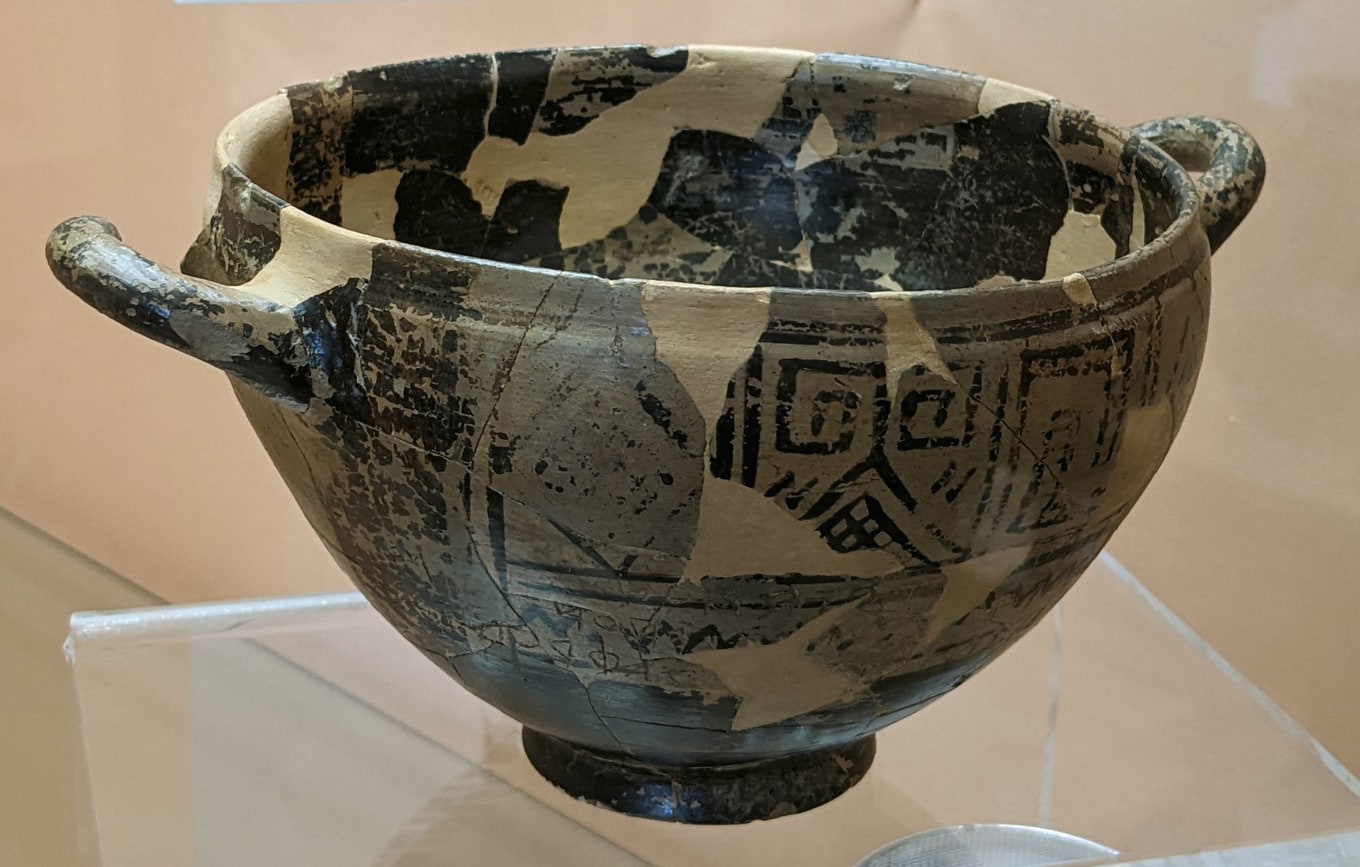 The ancient Greek cup known as Nestor's Cup, photographed at the Pithecusae Archaeological Museum.