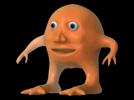 A round orange three-dimensional character with eyes, arms, and legs.