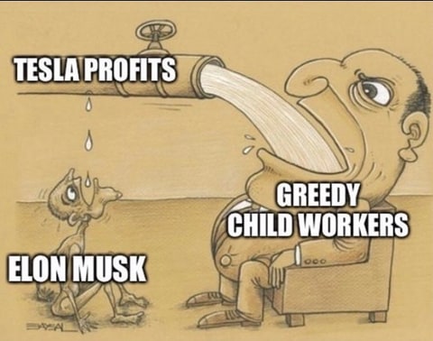 A cartoon contrasts Tesla profits, Elon Musk, and a figure labelled greedy child workers.