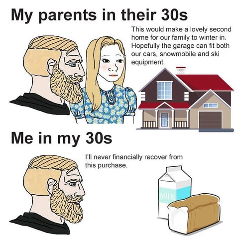 A cartoon compares parents with a house and family to a younger person holding a shipping box.