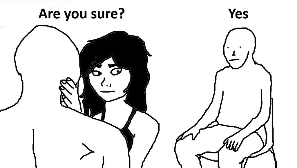 A two-panel drawing contrasts a clothed figure asking a question with a muscular figure answering yes.