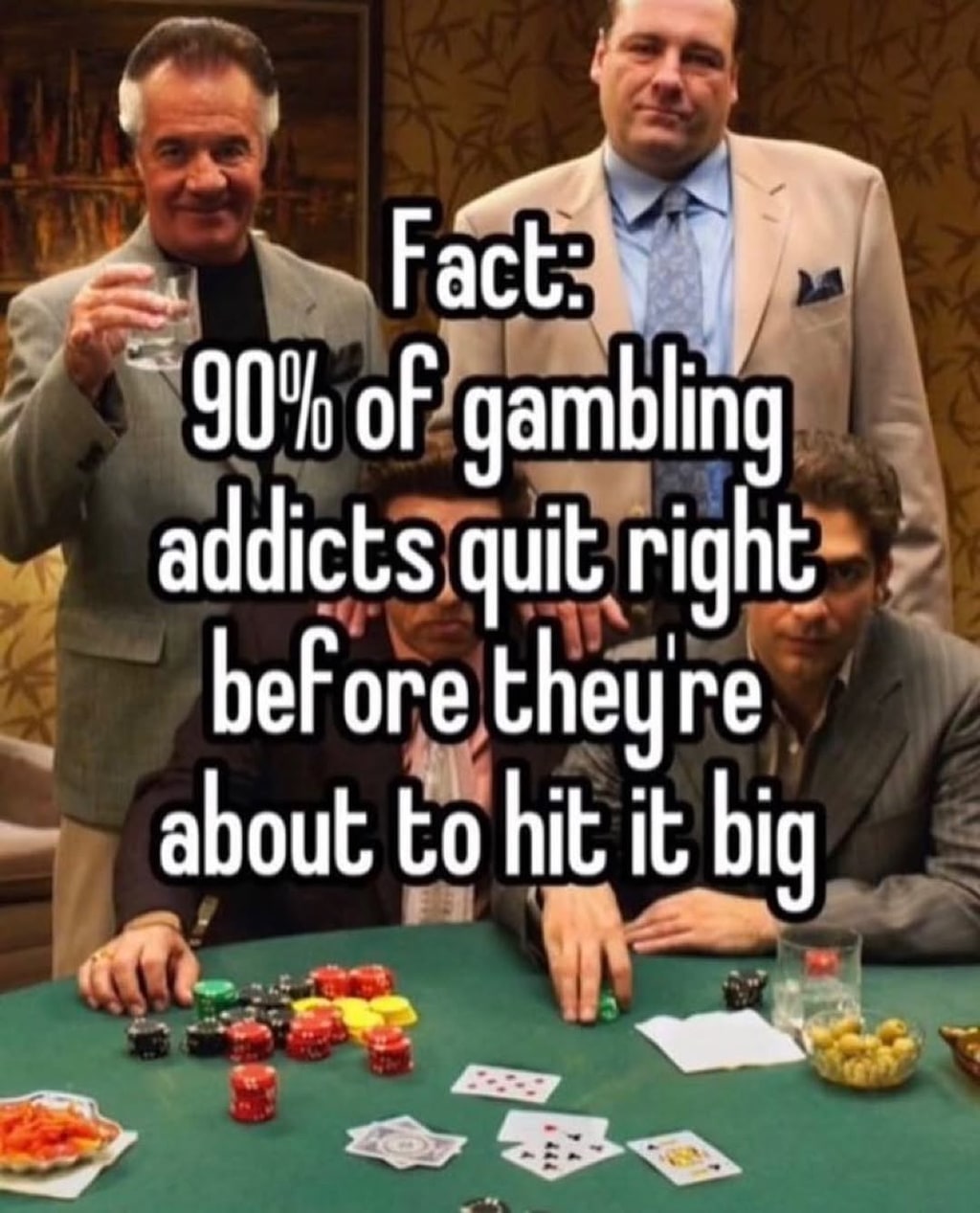 Text about gambling addicts overlays a photograph of people around a casino table.