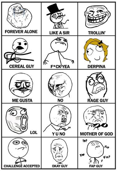 A grid of black and white cartoon reaction faces.