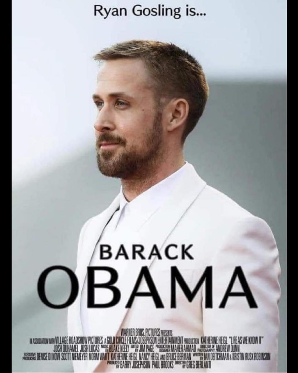 A film-poster-style image of Ryan Gosling carries the title Barack Obama.
