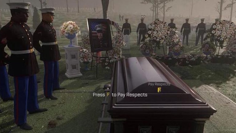 A video game scene shows a coffin with a prompt to press F to pay respects.