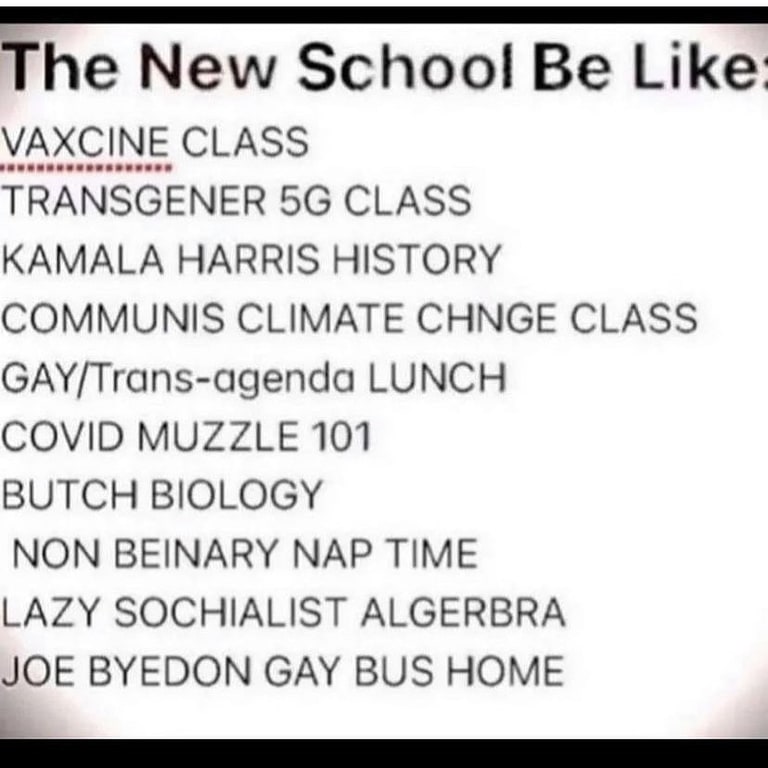 A photographed sign lists satirical school subjects under the heading The New School Be Like.
