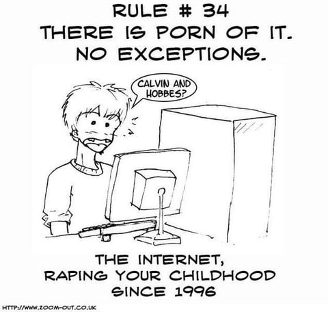 A hand-drawn comic shows a person at a computer below text describing Rule 34.