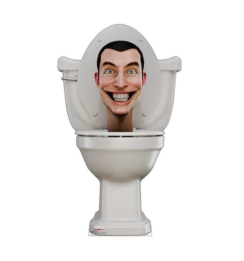A grinning human head protrudes from a white toilet.