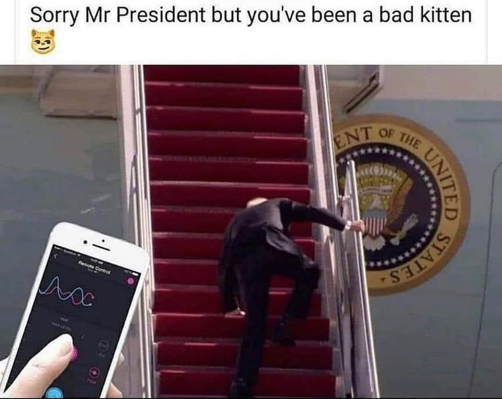 A person kneels on red steps near a presidential seal, with a caption addressing the president.