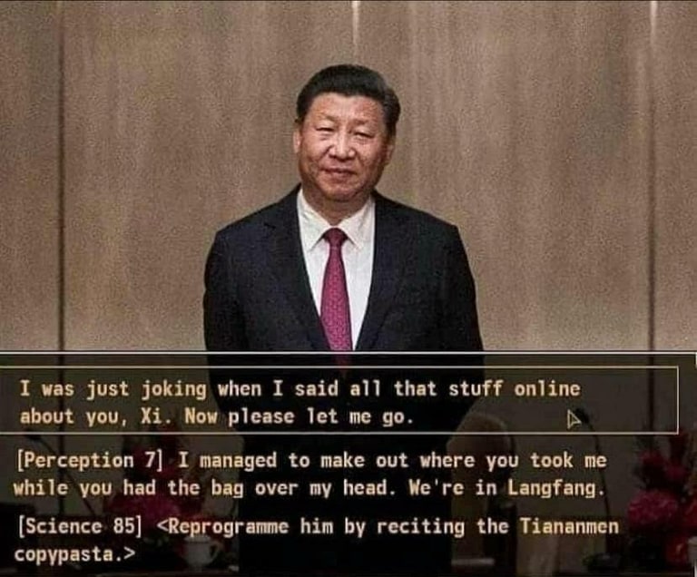 A photograph of Xi Jinping above a block of copypasta text.